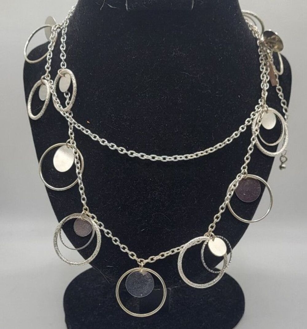 Lane Bryant Silver Tone Long Chain Necklace Open Circles Textured Discs Boho 39"